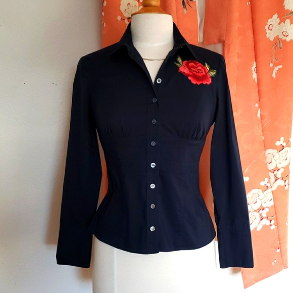 Talbots Button Down Navy Blue Blouse with Roses 4P - Picture 1 of 11